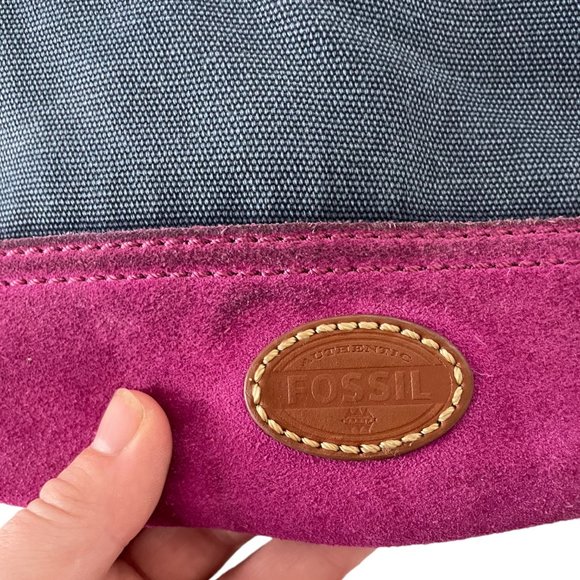 Fossil Taylor Crossbody Purse Bag Fab Navy Magenta Purple Canvas & Suede Leather - Picture 5 of 8